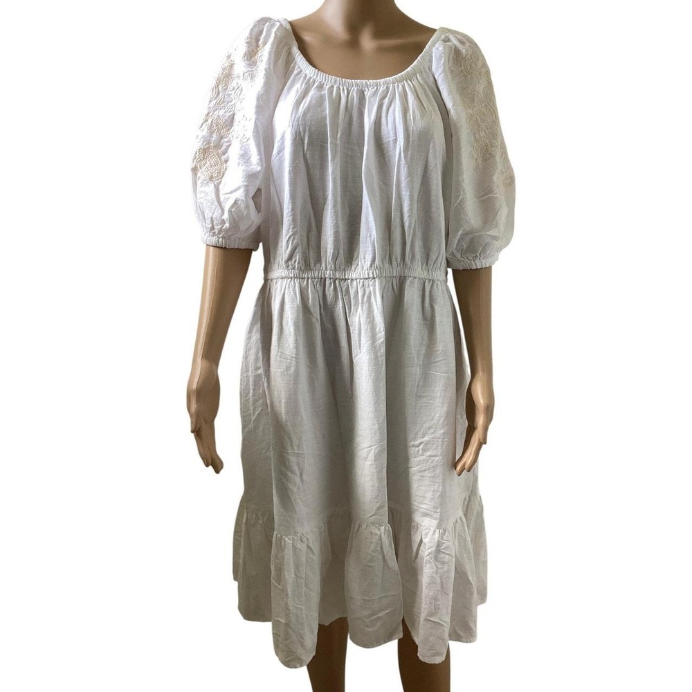 Knox Rose white dress embroidered puff sleeves elasticated waist size L